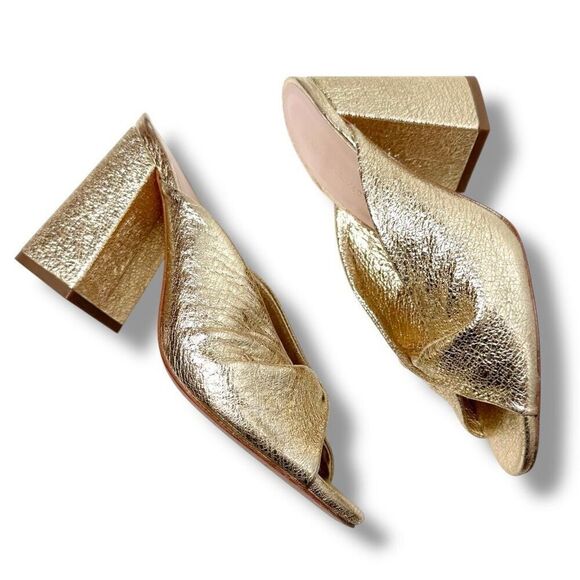 Loeffler Randall Women's Laurel Leather Flared Block Heel Gold Slide Sandals 6.5 - Picture 6 of 12